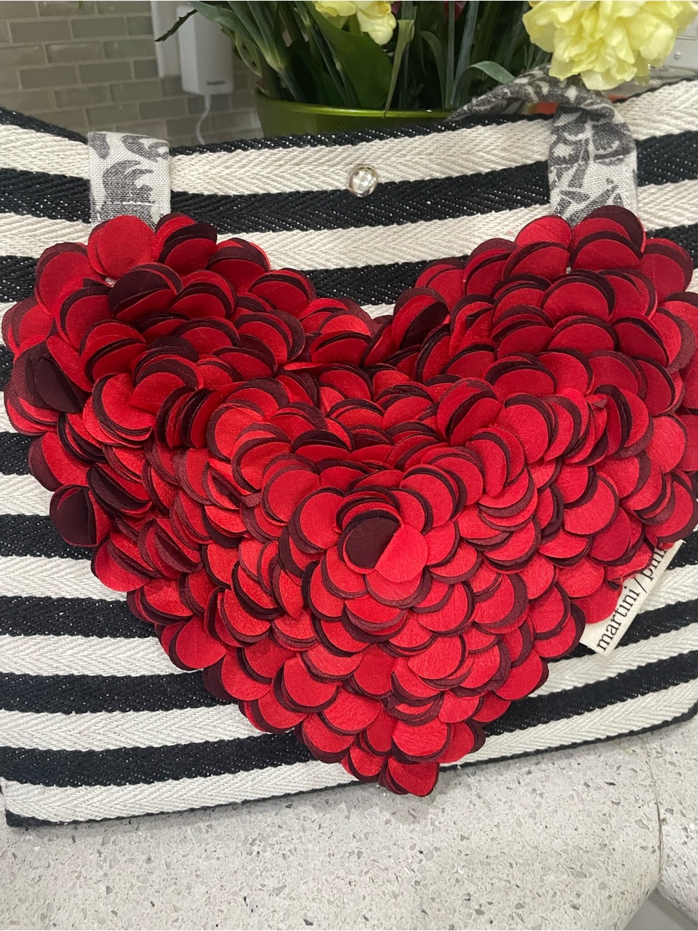 Handmade by Martini Pink Striped Tote Bag with dimensional Red Heart and Rose. - Picture 4 of 12